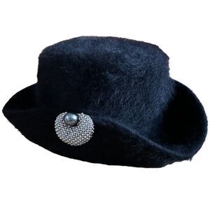 Vintage Black Angora Wool Brimmed Hat Rhinestone Brooch